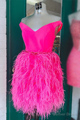 V-Neck Hot Pink Tight Homecoming Dress with Feathered Skirt