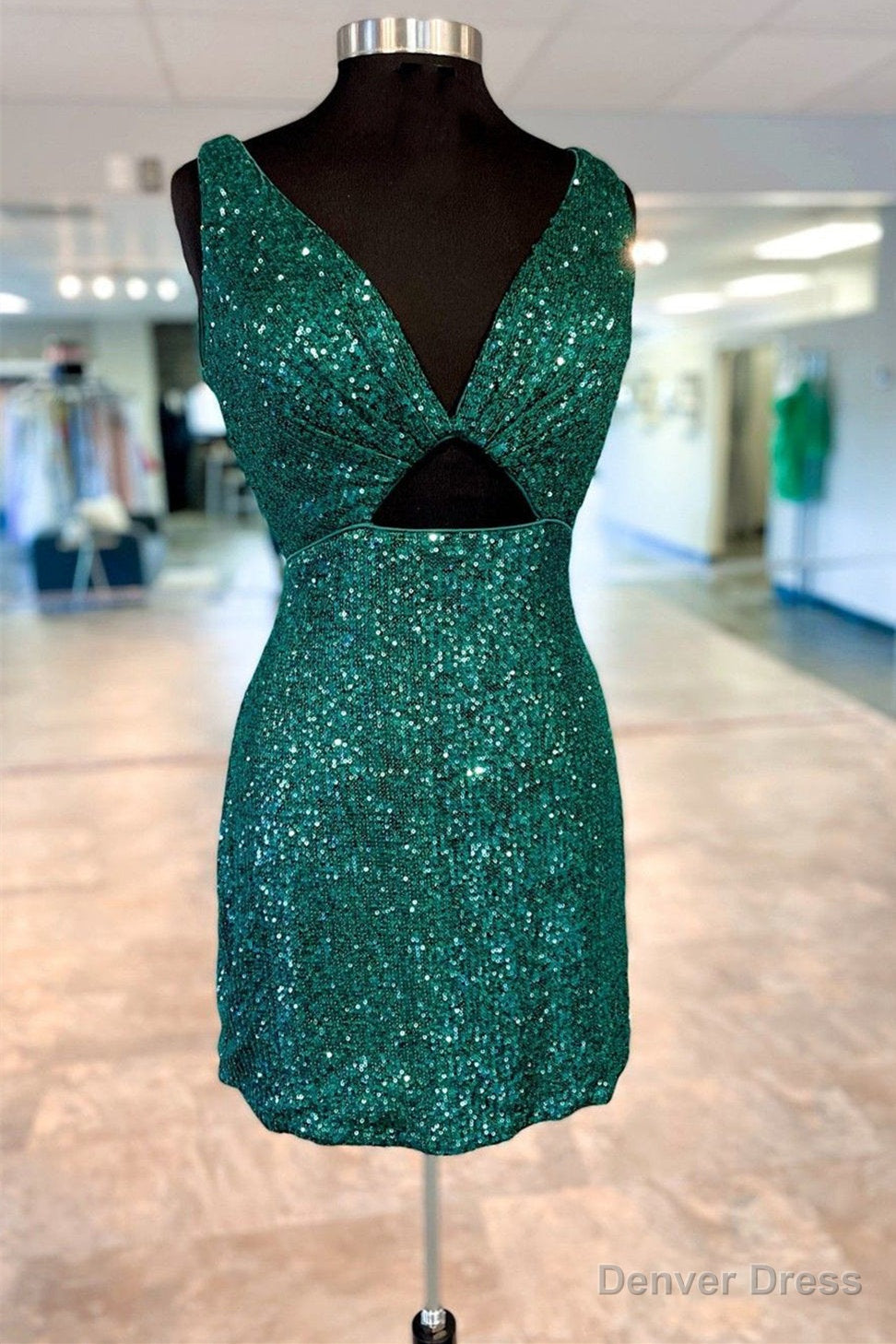 V-Neck Hunter Green Sequin Cutout Short Homecoming Dress Main image