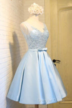 V Neck Knee Length Light Blue Satin Homecoming Dresses With Appliques
