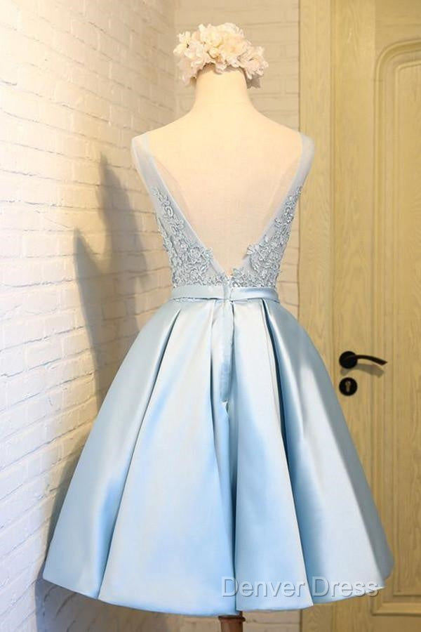 V Neck Knee Length Light Blue Satin Homecoming Dresses With Appliques