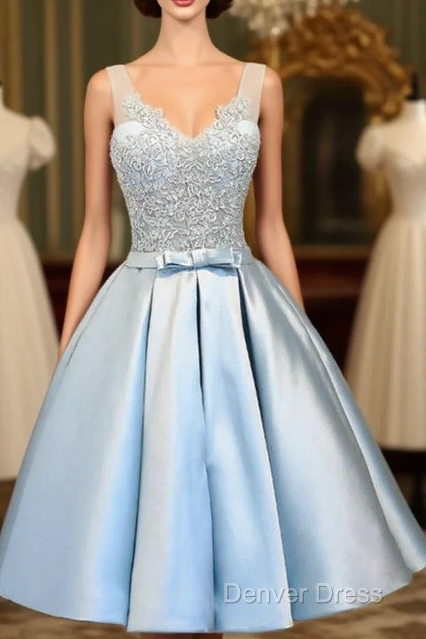 V Neck Knee Length Light Blue Satin Homecoming Dresses With Appliques Main image
