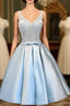 V Neck Knee Length Light Blue Satin Homecoming Dresses With Appliques