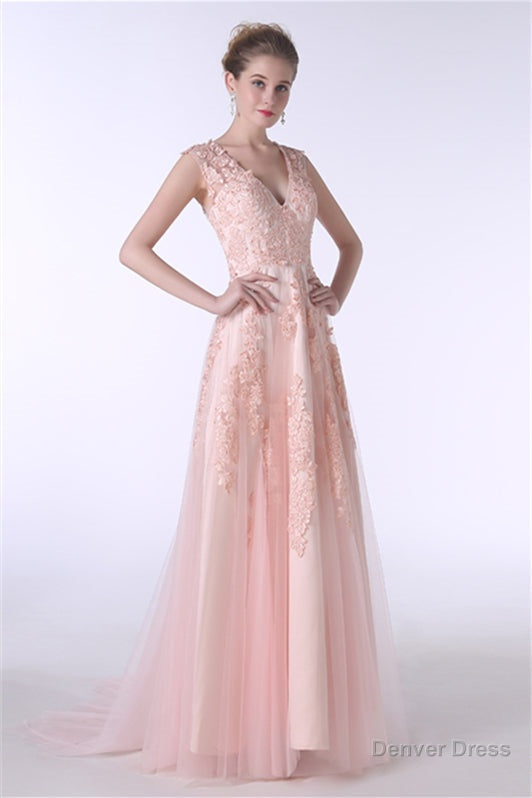 V Neck Lace Applique Tulle A Line Peach Pink Prom Dresses Secondary image
