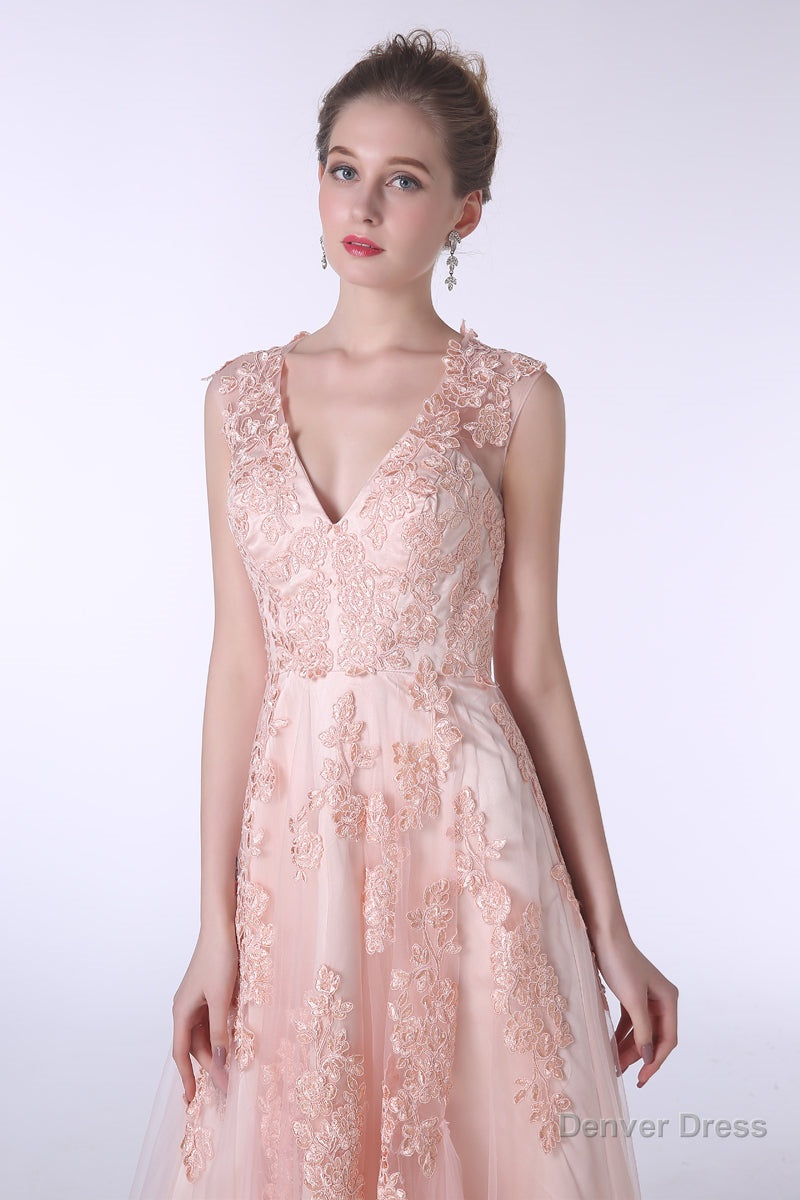V-Neck Lace Applique Tulle A Line Peach Pink Prom Dresses Main image