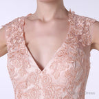 V Neck Lace Applique Tulle A Line Peach Pink Prom Dresses