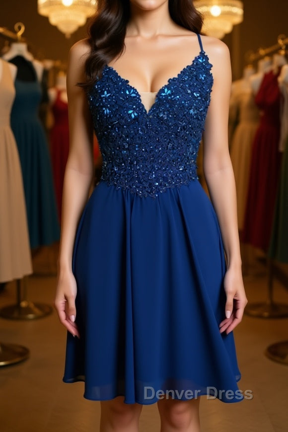 V Neck Lace Beaded Blue Homecoming Dress Short Prom Dress, Blue Lace Graduation Dress, Blue Prom Dress Main image