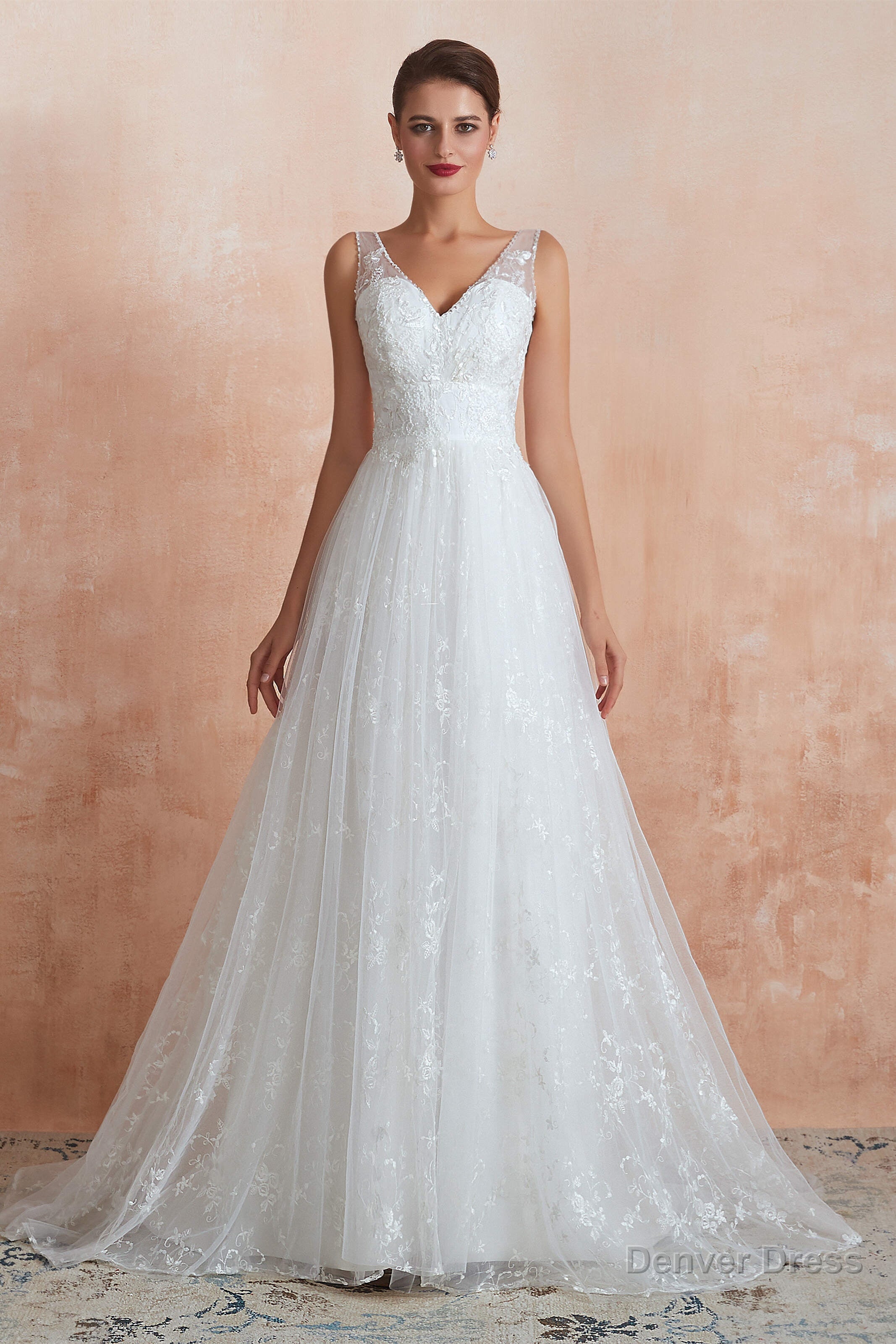 V-Neck Lace Pleated White A-Line Wedding Dresses Main image