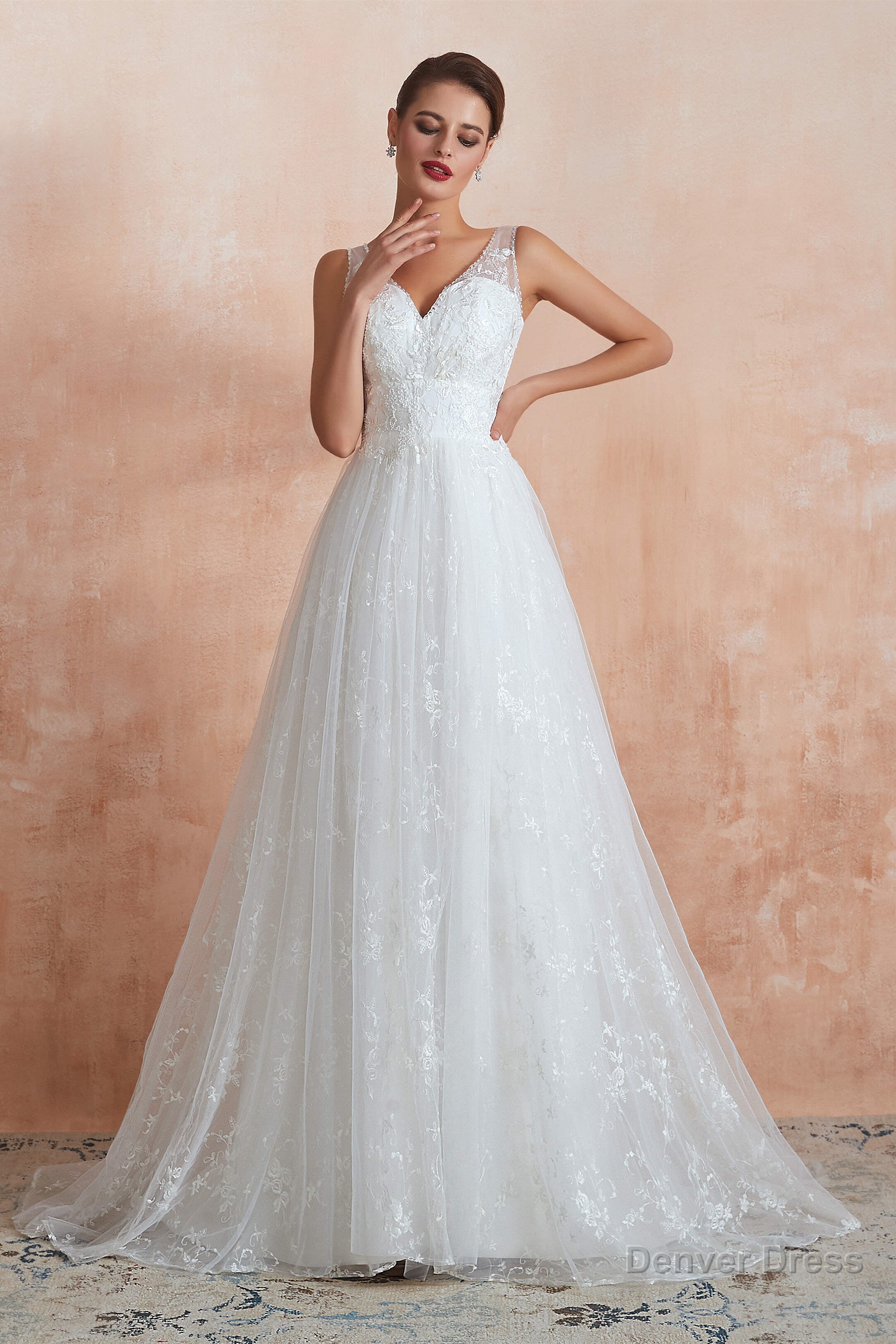 V-Neck Lace Pleated White A-Line Wedding Dresses Secondary image