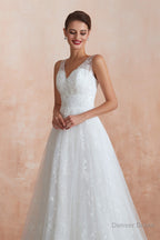 V Neck Lace Pleated White A Line Wedding Dresses
