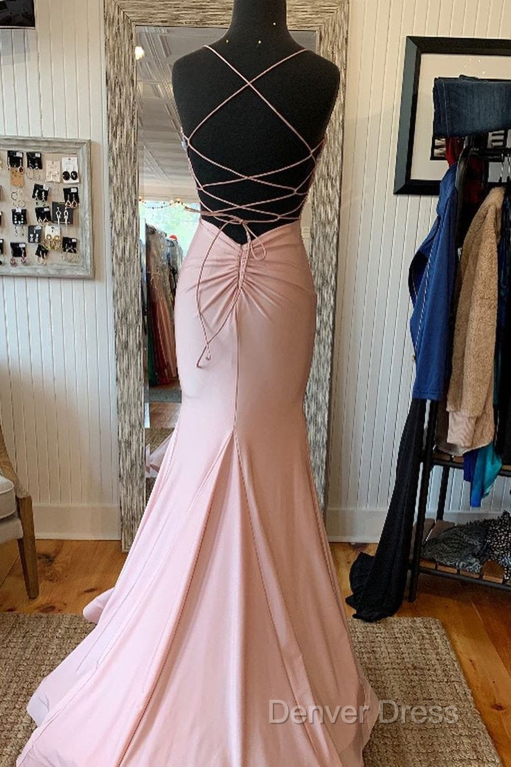 V Neck Lace-Up Back Sexy Mermaid Pink Long Prom Dresses Secondary image