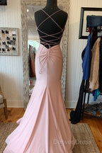 V Neck Lace-Up Back Sexy Mermaid Pink Long Prom Dresses