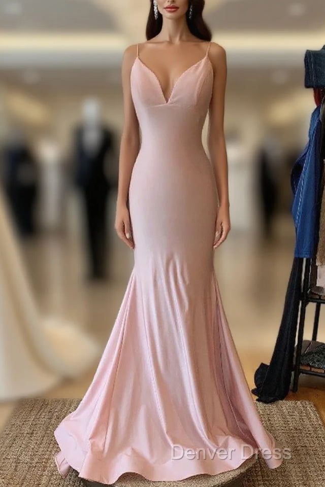 V Neck Lace-Up Back Sexy Mermaid Pink Long Prom Dresses Main image