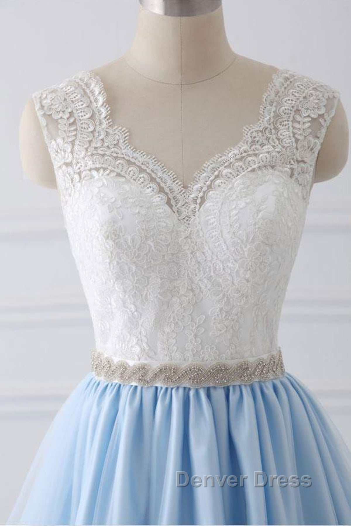 V Neck Light Blue Lace Prom Dress, Light Blue Lace Prom Dresses Secondary image