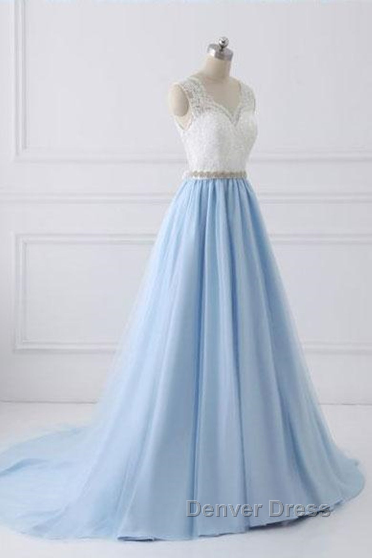 V Neck Light Blue Lace Prom Dress, Light Blue Lace Prom Dresses