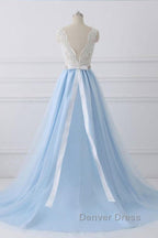 V Neck Light Blue Lace Prom Dress, Light Blue Lace Prom Dresses