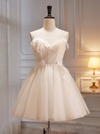 V Neck Light Champagne Tulle Short Prom Dress, Short Champagne Tulle Prom Homecoming Dresses
