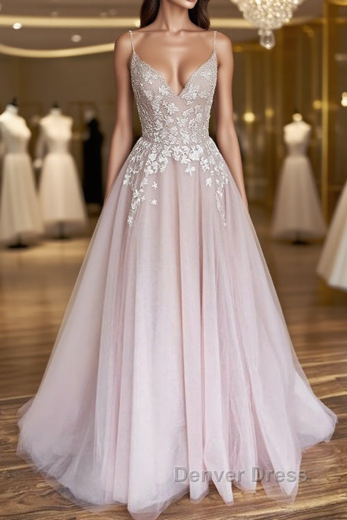 V Neck Light Pink Tulle Lace Prom Dress, Light Pink Tulle Lace Prom Dresses Main image