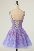 V Neck Lilace Tulle A Line Short Prom Dresses with Appliques