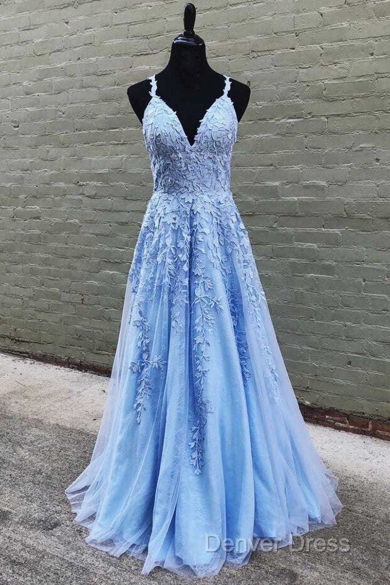V Neck Long Blue Lace Prom Dresses, Blue Long Lace Formal Evening Bridesmaid Dresses Secondary image
