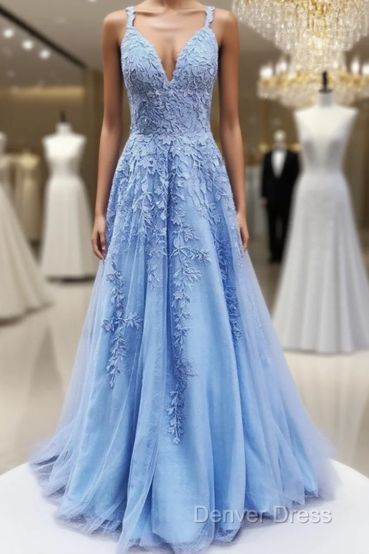 V Neck Long Blue Lace Prom Dresses, Blue Long Lace Formal Evening Bridesmaid Dresses Main image