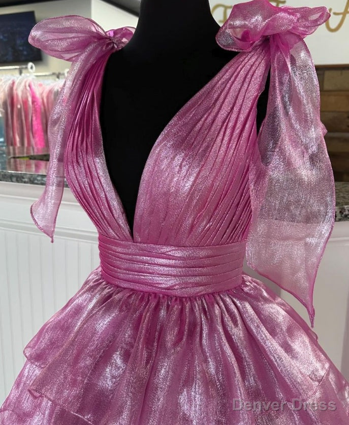 V Neck Long Prom Dresses with Ruffle Skirt