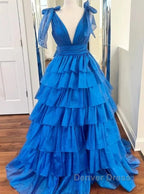 V-Neck Long Prom Dresses With Ruffle Skirt