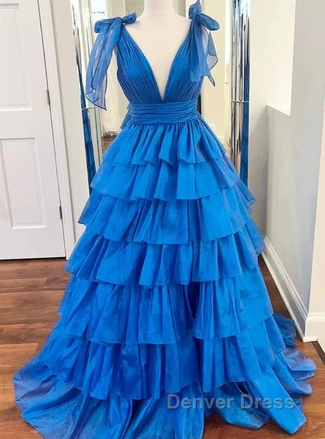 V-Neck Long Prom Dresses With Ruffle Skirt