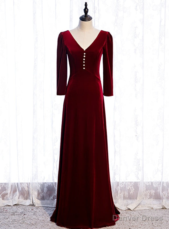 V Neck Long Sleeve Velvet Burgundy Prom Dresses