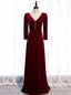 V Neck Long Sleeve Velvet Burgundy Prom Dresses