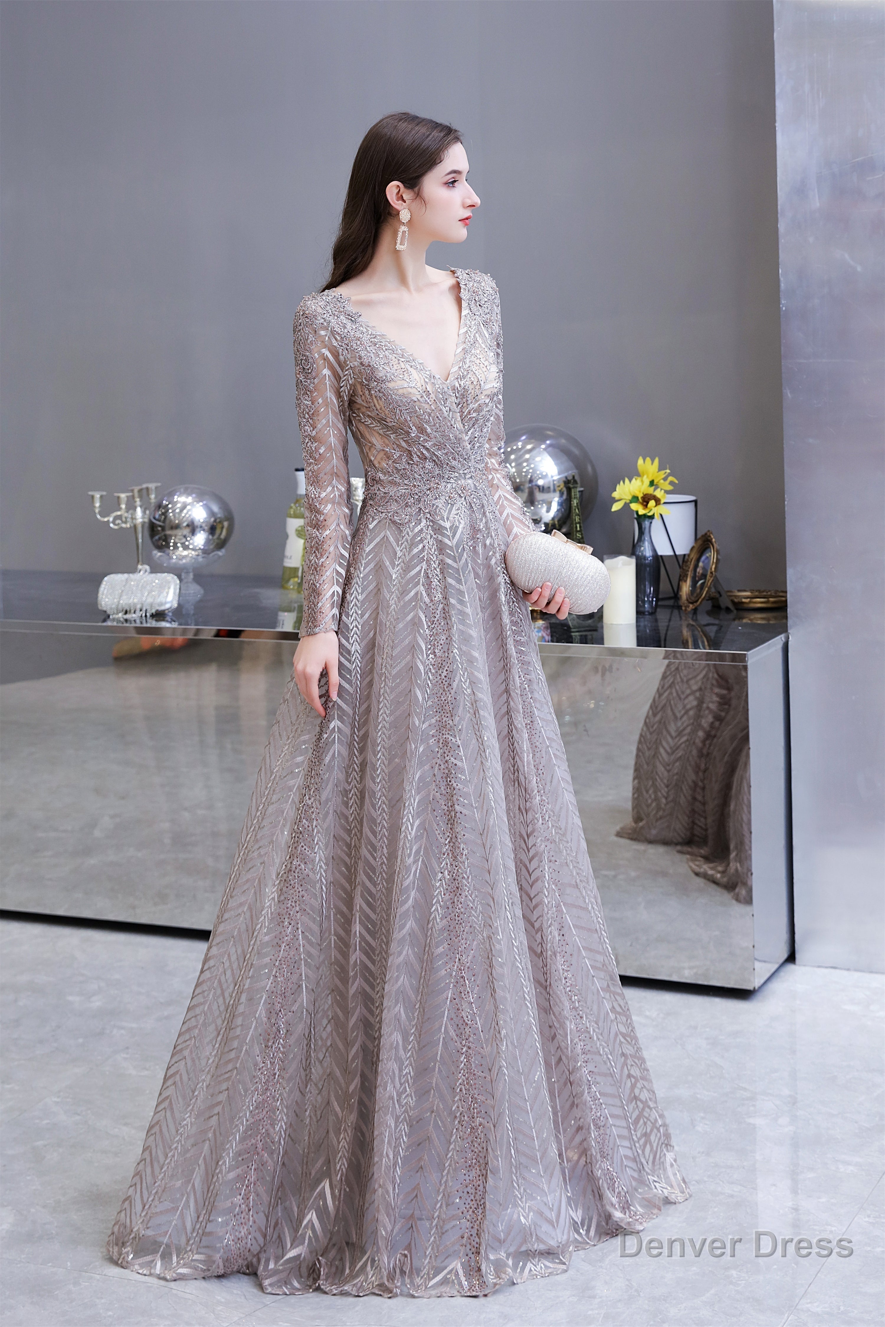 V Neck Long Sleeves Floor Length Lace A Line Prom Dresses