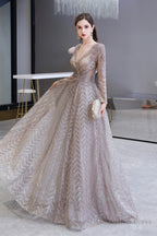 V-neck Long Sleeves Floor Length Lace A-line Prom Dresses