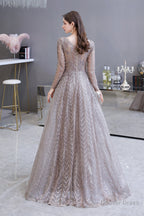 V-neck Long Sleeves Floor Length Lace A-line Prom Dresses