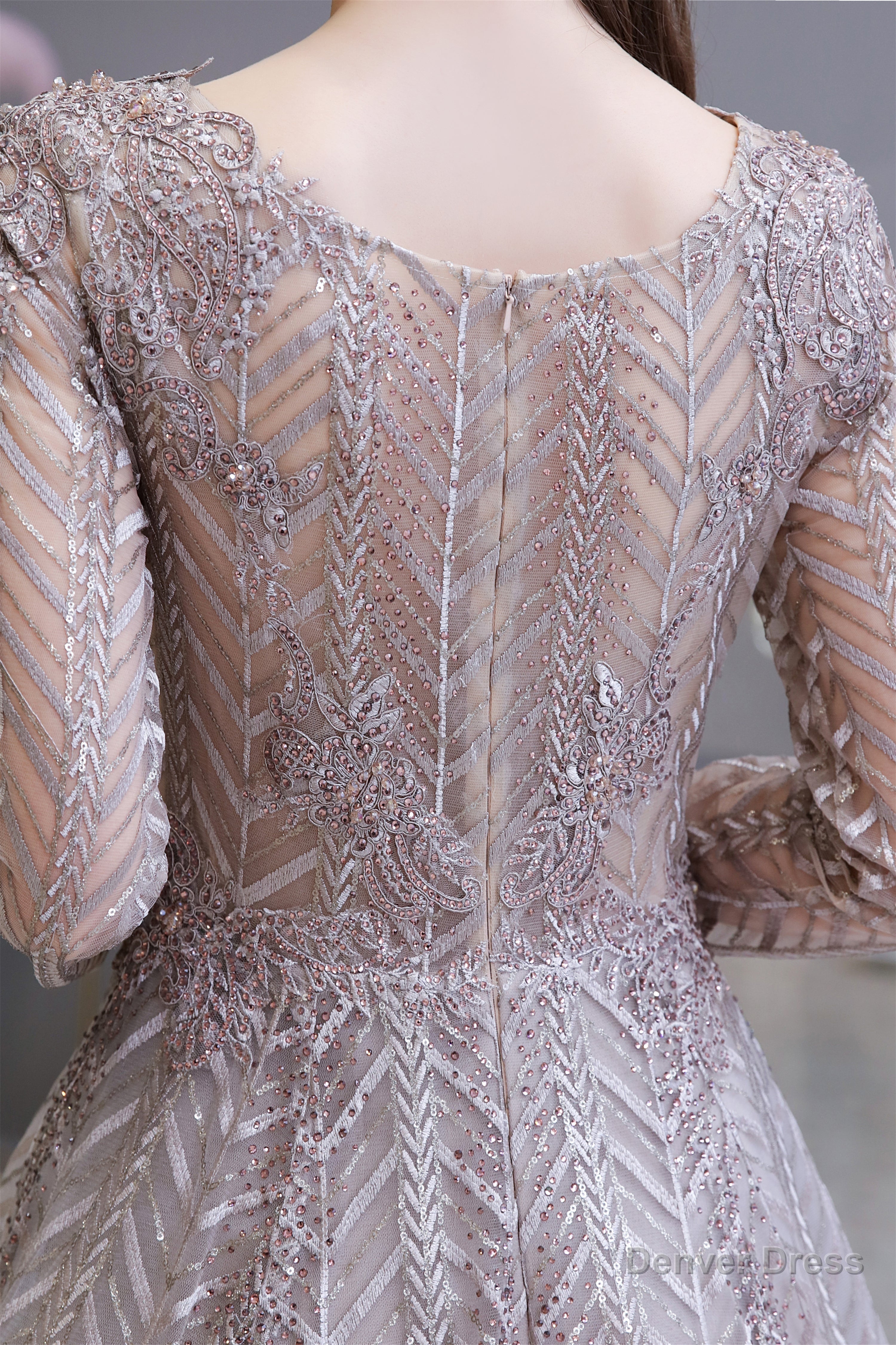 V Neck Long Sleeves Floor Length Lace A Line Prom Dresses
