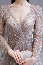 V Neck Long Sleeves Floor Length Lace A Line Prom Dresses