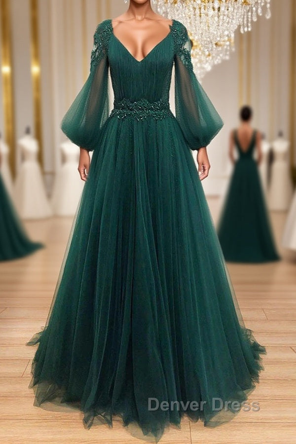 V Neck Long Sleeves Green Lace Prom Dress, V Neck Green Lace Prom Dresses