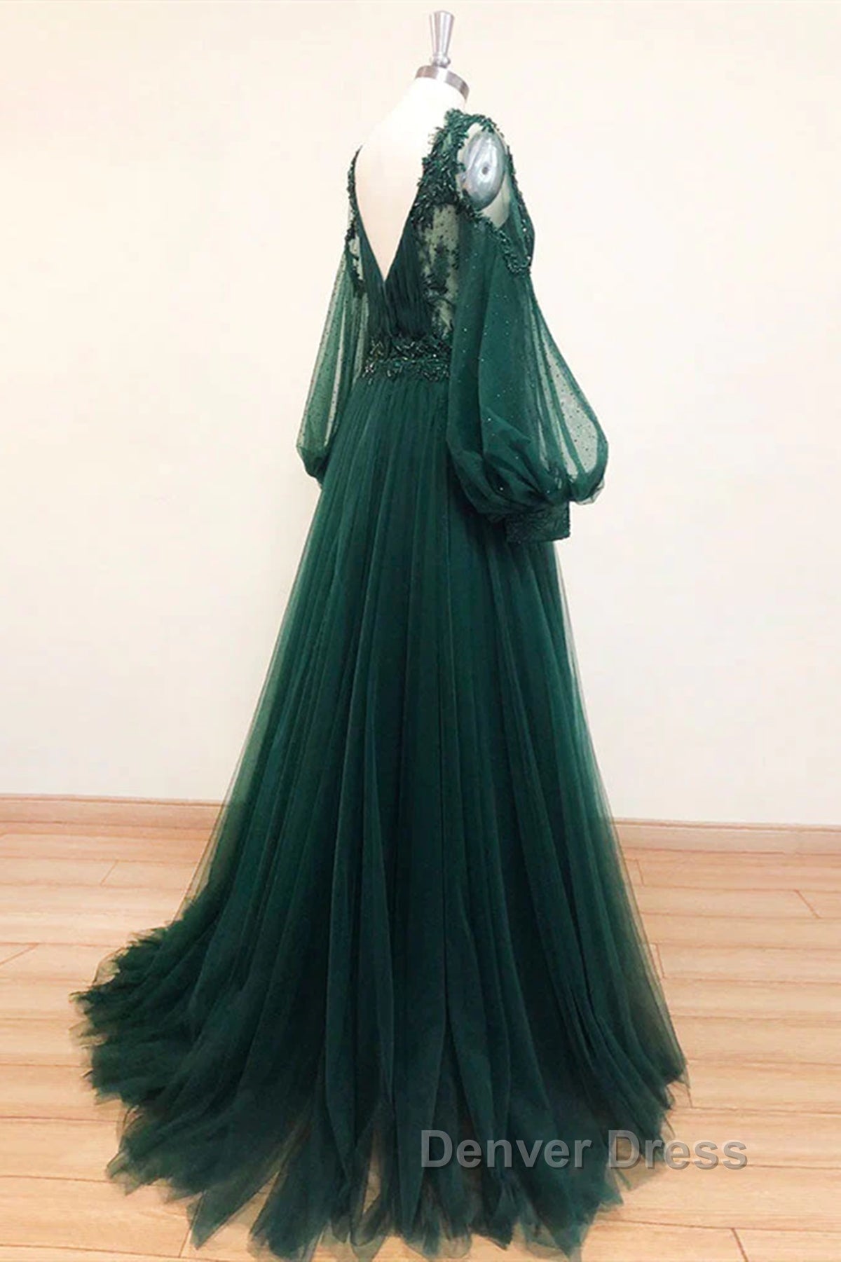 V Neck Long Sleeves Green Lace Prom Dress, V Neck Green Lace Prom Dresses Secondary image