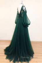 V Neck Long Sleeves Green Lace Prom Dress, V Neck Green Lace Prom Dresses