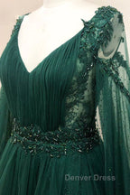 V Neck Long Sleeves Green Lace Prom Dress, V Neck Green Lace Prom Dresses