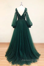 V Neck Long Sleeves Green Lace Prom Dress, V Neck Green Lace Prom Dresses