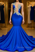 V-neck Mermaid Appliques Lace Sequined Open Back One Shoulder Floor-length Sleeveless Prom Dresses