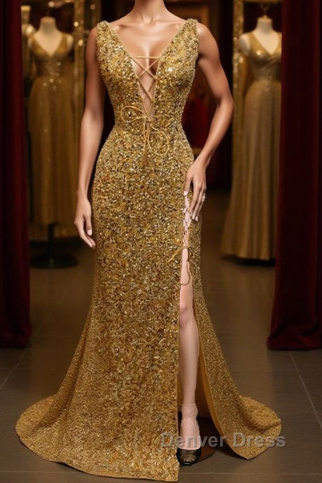 V Neck Mermaid Golden Sequins Long Prom Dress with High Slit, Mermaid Golden Prom Dress, Gold Sequins Prom Dresses Main image