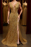 V Neck Mermaid Golden Sequins Long Prom Dress with High Slit, Mermaid Golden Prom Dress, Gold Sequins Prom Dresses