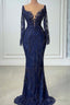 V-neck Mermaid Lace Floor-length Long Sleeve Sequined Prom Dress