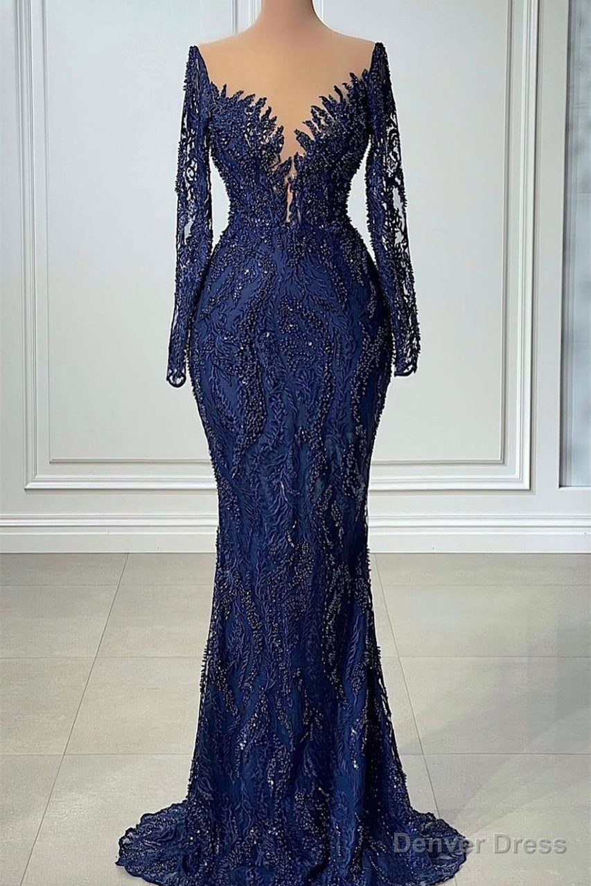 V Neck Mermaid Lace Floor Length Long Sleeve Sequined Prom Dresses