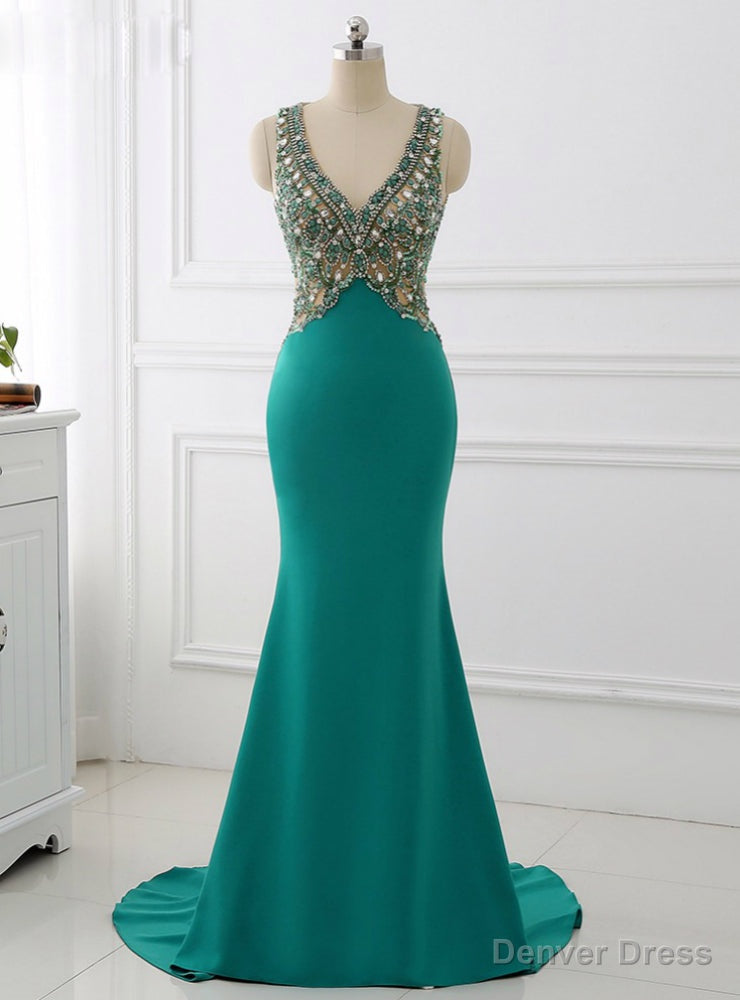 V Neck Mermaid Long Sparkly Beading Prom Dresses