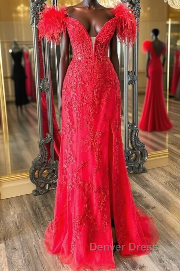 V Neck Mermaid Off Shoulder Red Lace Long Prom Dress, Mermaid Red Prom Dress, Red Lace Prom Dresses Main image