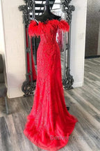 V Neck Mermaid Off Shoulder Red Lace Long Prom Dress, Mermaid Red Prom Dress, Red Lace Prom Dresses