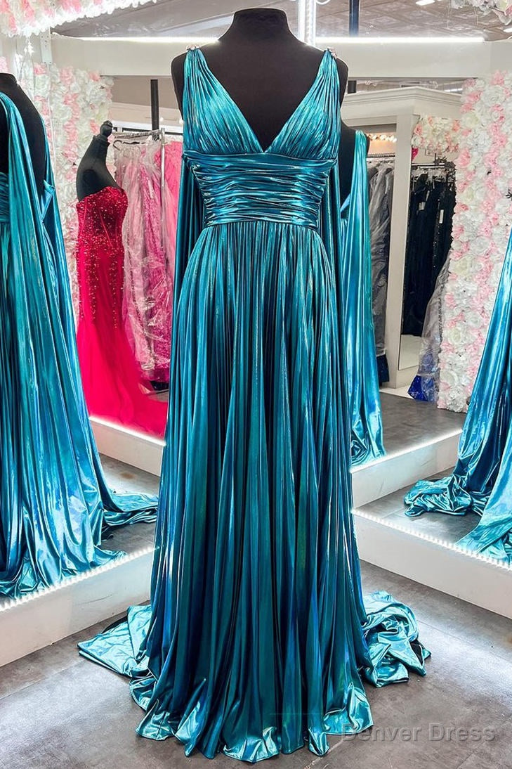 V-Neck Metallic Pleated Malachite Blue Prom Dress with Cape Main image