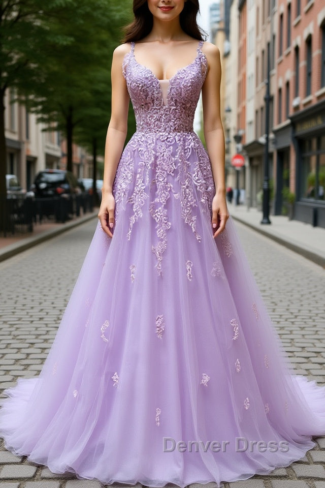 V Neck Off Shoulder Long Lilac Lace Prom Dress, Off Shoulder Purple Lace Prom Graduation Prom Dresses