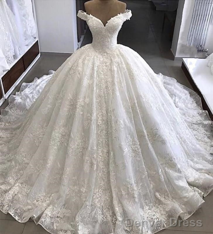 V-Neck Off The Shoulder Ball Gown Wedding Lace Dresses